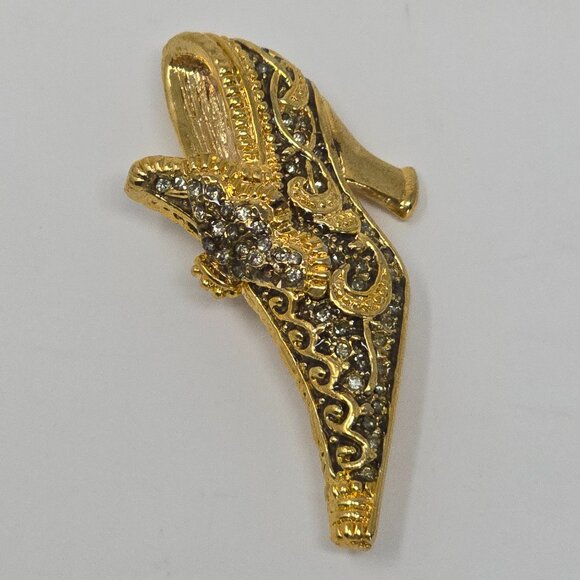 Vintage Gold Tone Rhinestone High Heel Shoe Brooch Baroque Victorian Slipper Pin - Picture 4 of 14